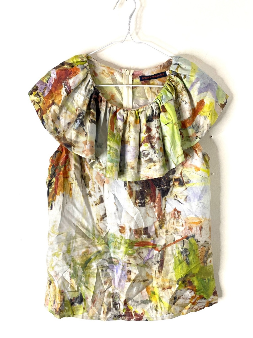 100% Silk Abstract Painterly Ruffle Cape Blouse Harvey Faircloth